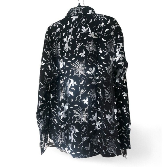Men's Small Halloween Button Front Shirt Black with Silver Metallic Ghosts Webs - Picture 3 of 4